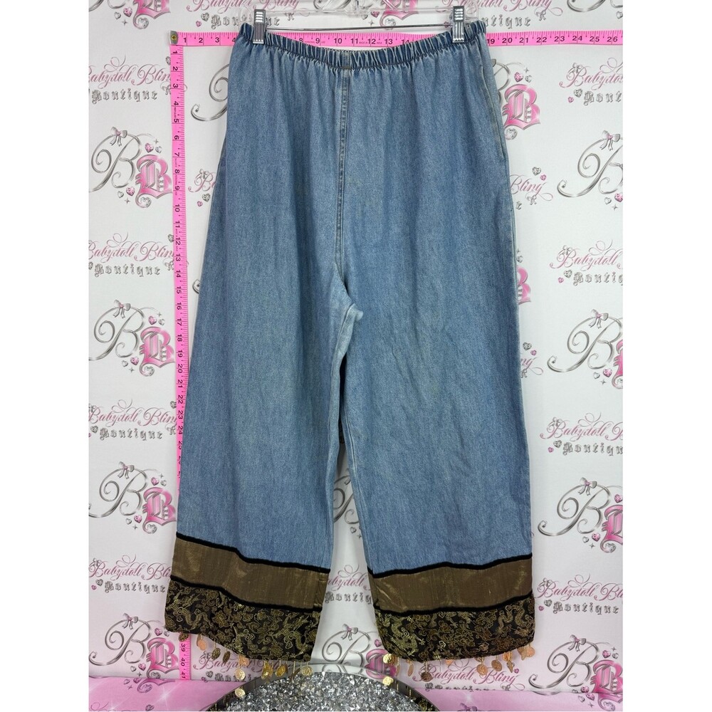 Pants tassel charms Boho Wide Leg Denim Pants with Embroidered Trim